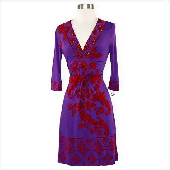 Hale Bob Purple Red Floral Scroll Stretch Jersey Dress 3/4 Sleeves New NWOT XS - Picture 1 of 4